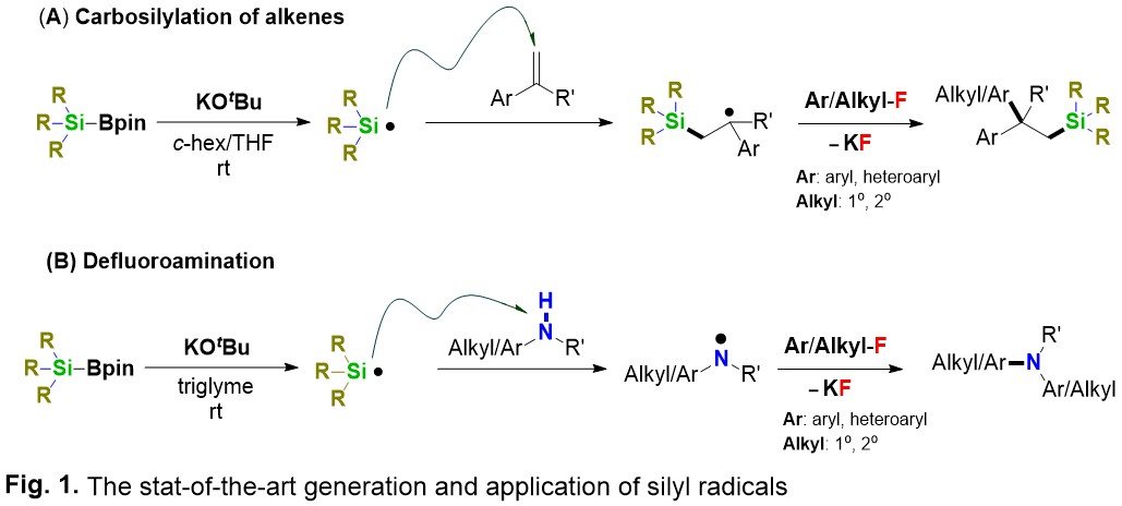 Selective activation of C–F bond in organic fluorides under mild and transition-metal-free conditions: From carbosilylation of alkenes to defluoroamination 