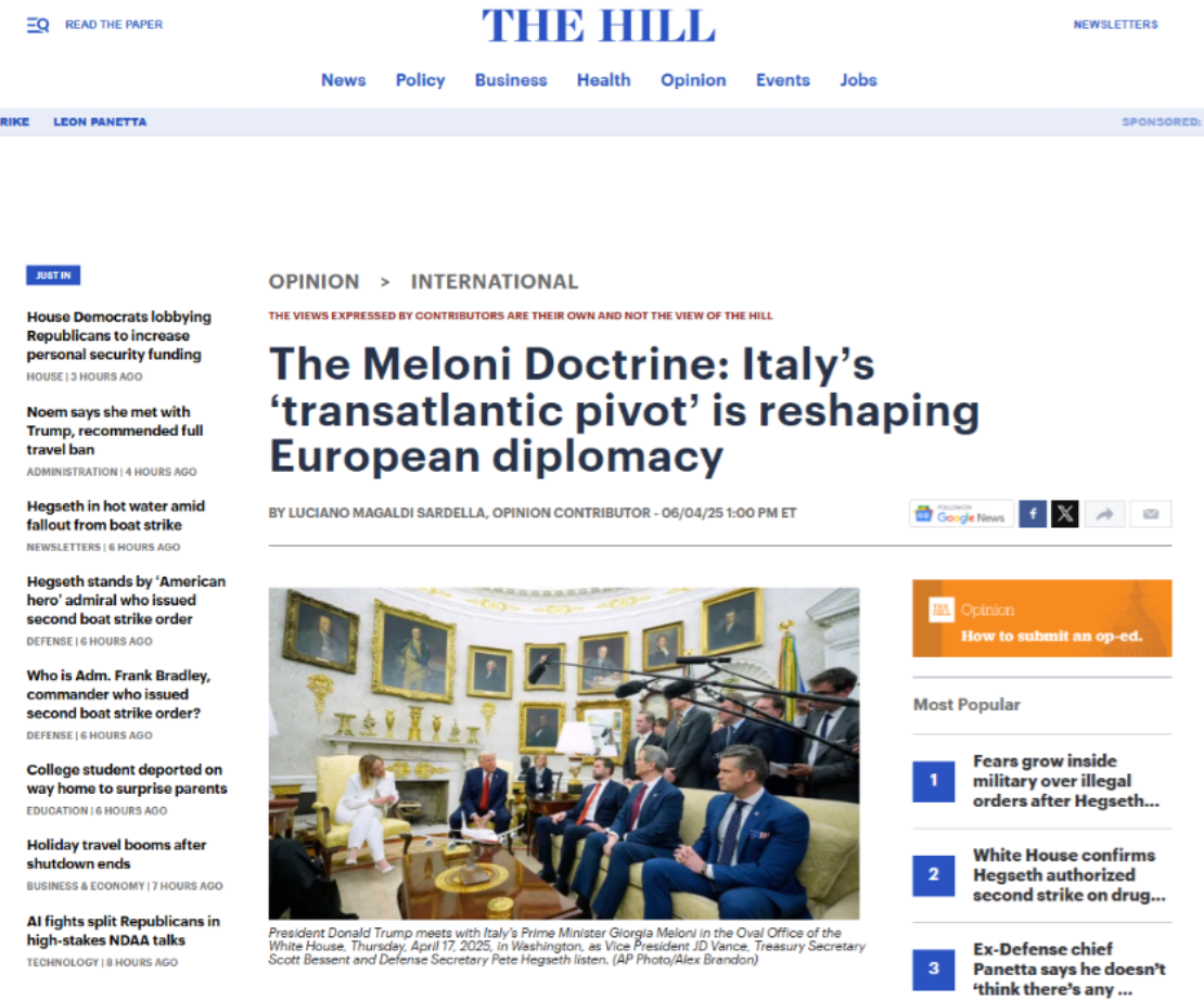 THE HILL - THE MELONI DOCTRINE: ITALY'S 'TRANSATLANTIC PIVOT' IS RESHAPING EUROPEAN DIPLOMACY