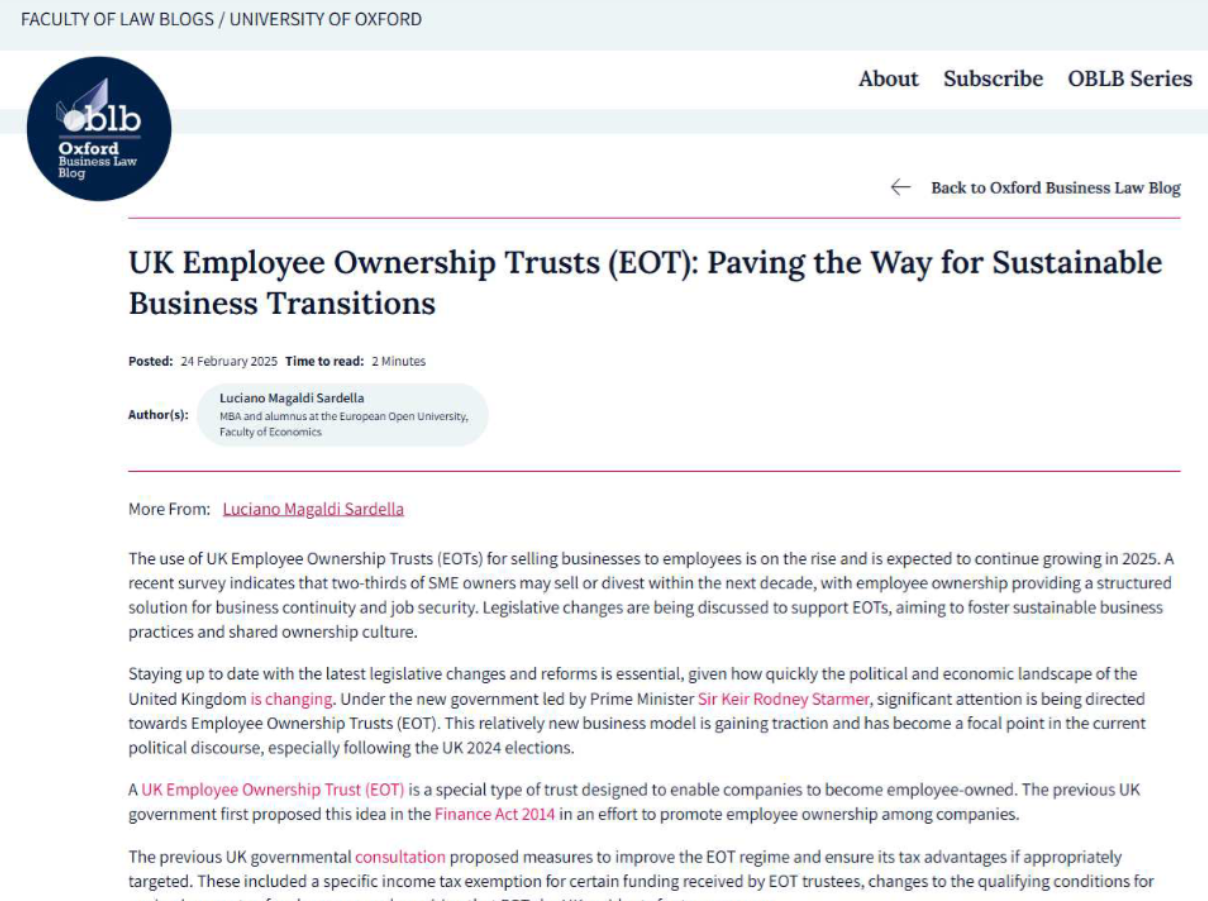 UNIVERSITY OF OXFORD, FACULTY OF LAW, OXFORD BUSINESS LAW B. - UK EMPLOYEE OWNERSHIP TRUSTS (EOT): PAVING THE WAY FOR SUSTAINABLE BUSINESS TRANSITIONS