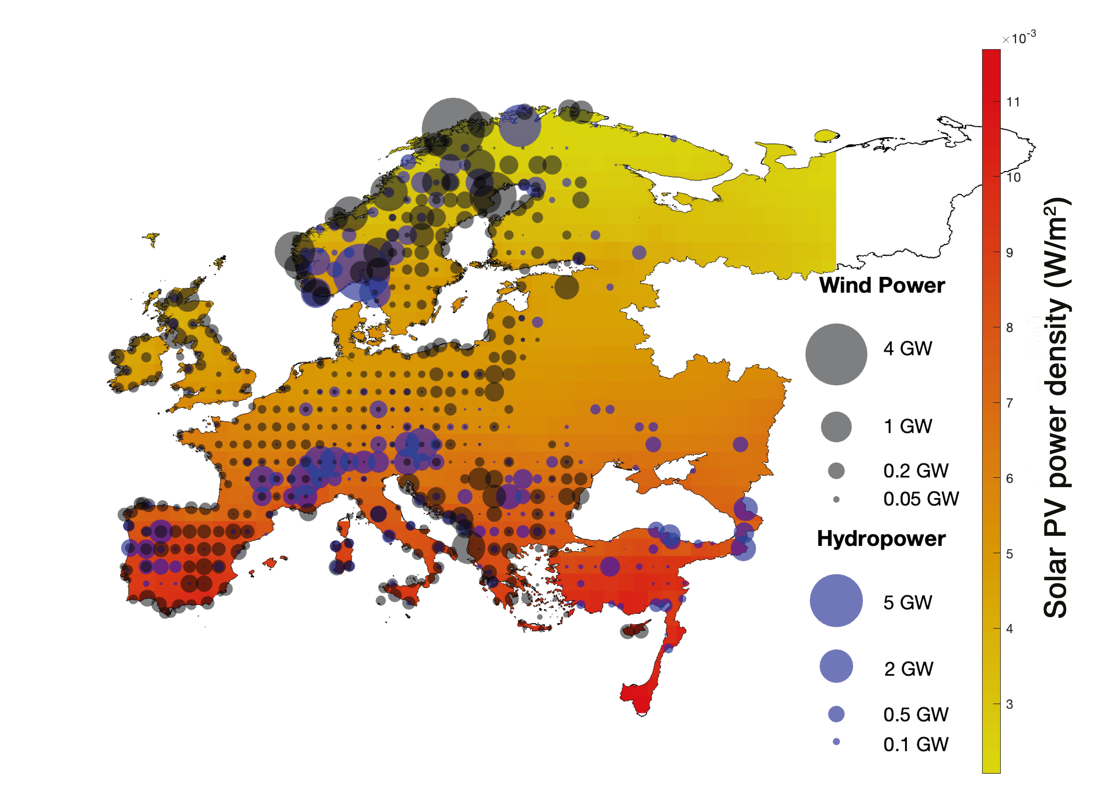 Spatiotemporal management of solar, wind and hydropower across continental Europe